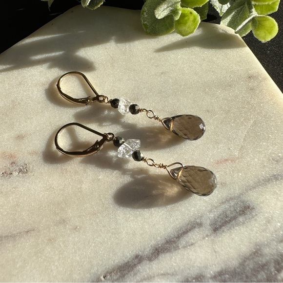 Herkimer Diamond and Smoky Quartz Earrings 14k Gold Lever back - Picture 10 of 11